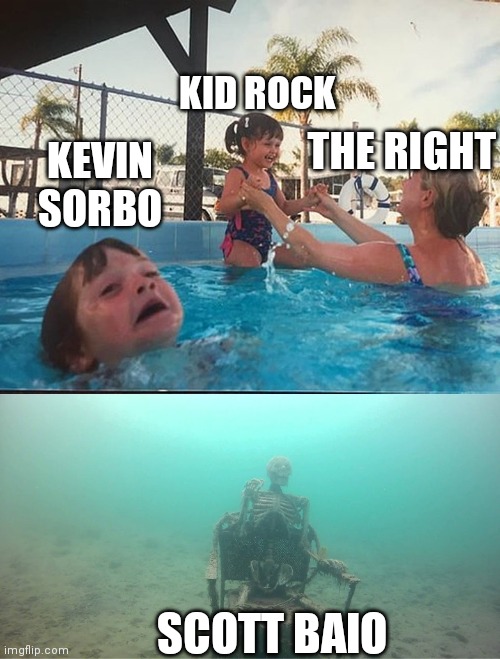 drowning kid + skeleton | KID ROCK; THE RIGHT; KEVIN SORBO; SCOTT BAIO | image tagged in drowning kid skeleton | made w/ Imgflip meme maker