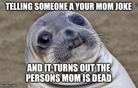 Awkward Moment Sealion | TELLING SOMEONE A YOUR MOM JOKE AND IT TURNS OUT THE PERSONS MOM IS DEAD | image tagged in awkward sealion | made w/ Imgflip meme maker