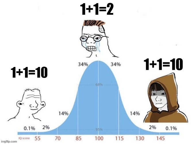 bell curve | 1+1=2; 1+1=10; 1+1=10 | image tagged in bell curve | made w/ Imgflip meme maker