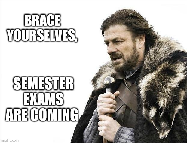 Brace Yourselves X is Coming | BRACE YOURSELVES, SEMESTER EXAMS ARE COMING | image tagged in memes,brace yourselves x is coming | made w/ Imgflip meme maker