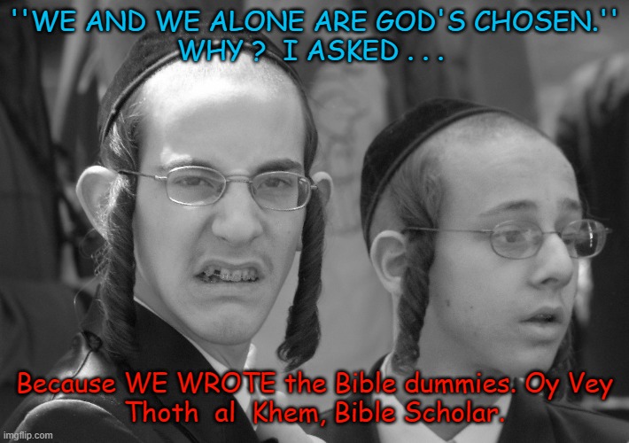 Gods Chosen People | ''WE AND WE ALONE ARE GOD'S CHOSEN.''
WHY ?  I ASKED . . . Because WE WROTE the Bible dummies. Oy Vey

Thoth  al  Khem, Bible Scholar. | image tagged in jews are gods chosen,holocaust hoax,we love to lie,we hate goyinm,talmud ketubot llb | made w/ Imgflip meme maker