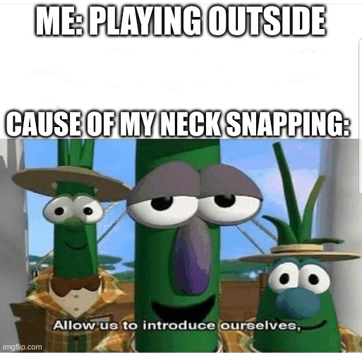 Allow us to introduce ourselves | ME: PLAYING OUTSIDE; CAUSE OF MY NECK SNAPPING: | image tagged in allow us to introduce ourselves | made w/ Imgflip meme maker