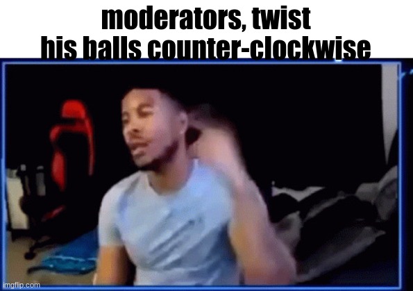 no balls lmao | moderators, twist his balls counter-clockwise | image tagged in mods ban him | made w/ Imgflip meme maker