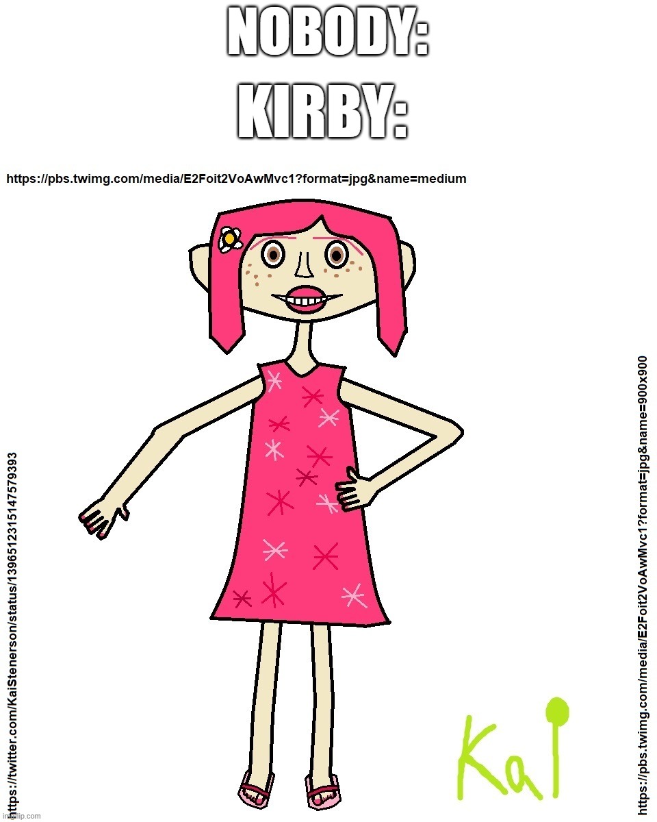 Kirby Coraline Jones? | NOBODY:; KIRBY: | image tagged in pink coraline jones,coraline jones,kirby,nobody,memes,fun | made w/ Imgflip meme maker
