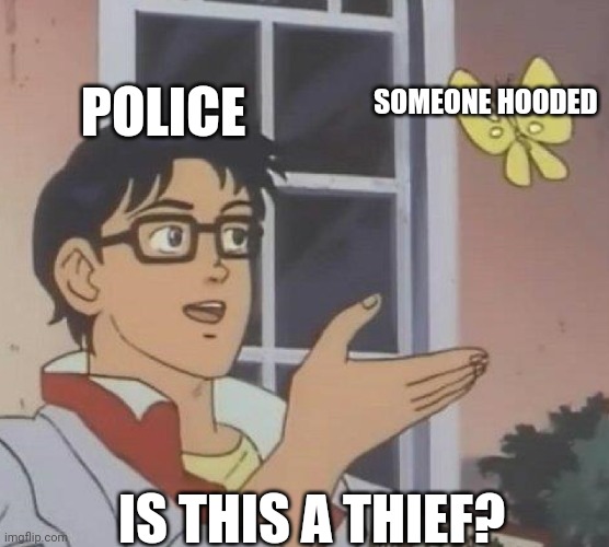 Like why | POLICE; SOMEONE HOODED; IS THIS A THIEF? | image tagged in memes,is this a pigeon | made w/ Imgflip meme maker