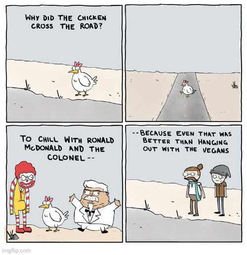 Chicken | image tagged in chicken,road,ronald mcdonald,colonel sanders,comics,comics/cartoons | made w/ Imgflip meme maker