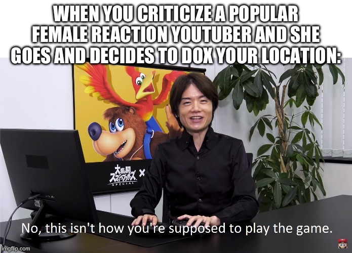 This Isn't How You're Supposed to Play the GaME | WHEN YOU CRITICIZE A POPULAR FEMALE REACTION YOUTUBER AND SHE GOES AND DECIDES TO DOX YOUR LOCATION: | image tagged in this isn't how you're supposed to play the game | made w/ Imgflip meme maker