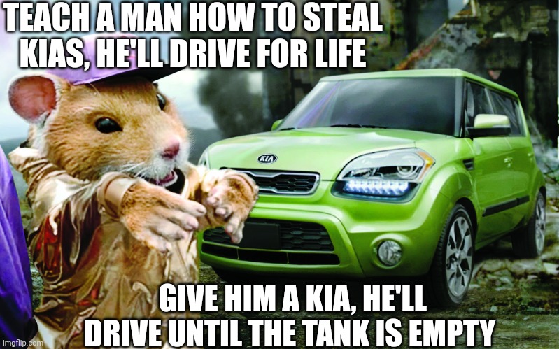 Kia Soul | TEACH A MAN HOW TO STEAL KIAS, HE'LL DRIVE FOR LIFE; GIVE HIM A KIA, HE'LL DRIVE UNTIL THE TANK IS EMPTY | image tagged in kia hamster,kia-stolen,gta,key-trick,hack | made w/ Imgflip meme maker