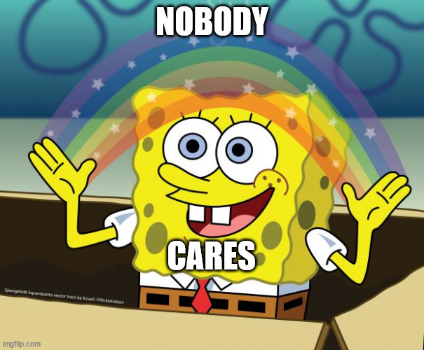 Spongebob, no one cares | NOBODY; CARES | image tagged in spongebob no one cares | made w/ Imgflip meme maker