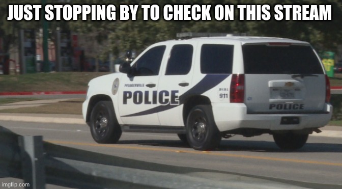 police car | JUST STOPPING BY TO CHECK ON THIS STREAM | image tagged in police car | made w/ Imgflip meme maker