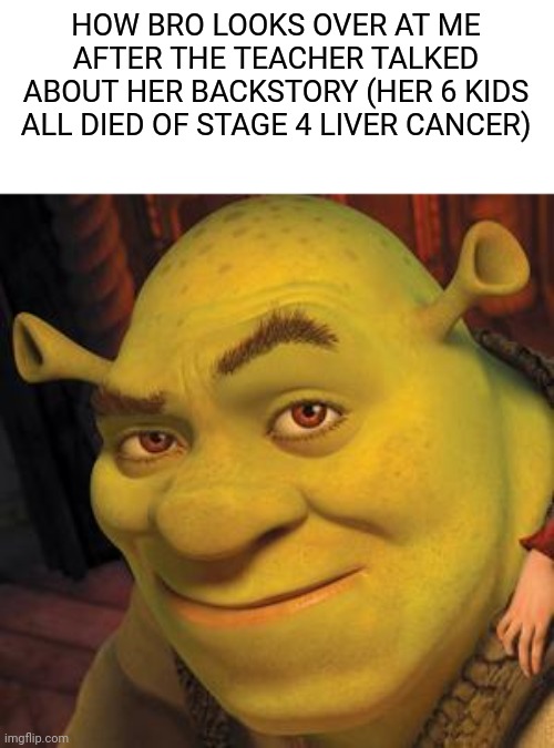 It's just so messed up and hilarious at the same time | HOW BRO LOOKS OVER AT ME AFTER THE TEACHER TALKED ABOUT HER BACKSTORY (HER 6 KIDS ALL DIED OF STAGE 4 LIVER CANCER) | image tagged in shrek sexy face,dark humor,funny | made w/ Imgflip meme maker