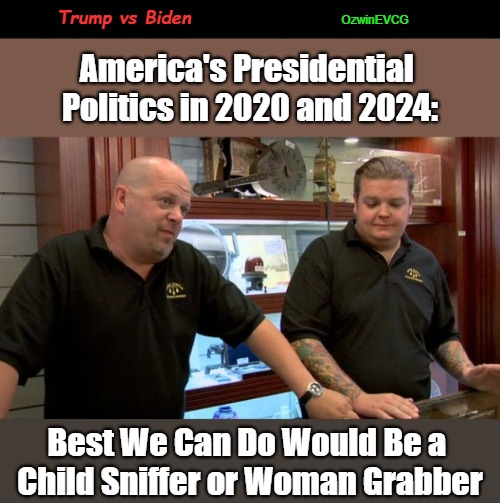 Trump vs Biden | OzwinEVCG; Trump vs Biden; America's Presidential 

Politics in 2020 and 2024:; Best We Can Do Would Be a 

Child Sniffer or Woman Grabber | image tagged in donald trump,beijing biden,joe biden,clot shot don,political circus,occupied america | made w/ Imgflip meme maker
