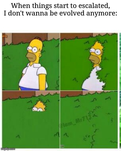 Homer hides | When things start to escalated, I don't wanna be evolved anymore: | image tagged in homer hides | made w/ Imgflip meme maker