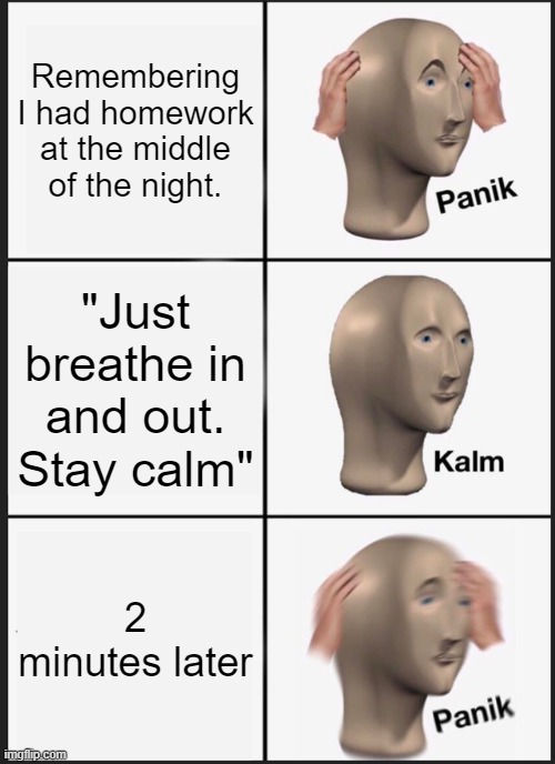 homework at the middle of the night | Remembering I had homework at the middle of the night. "Just breathe in and out. Stay calm"; 2 minutes later | image tagged in memes,panik kalm panik,homework | made w/ Imgflip meme maker