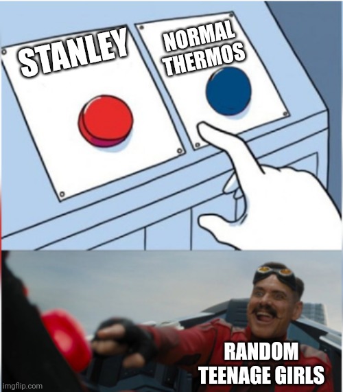Robotnik Pressing Red Button | NORMAL THERMOS; STANLEY; RANDOM TEENAGE GIRLS | image tagged in robotnik pressing red button | made w/ Imgflip meme maker