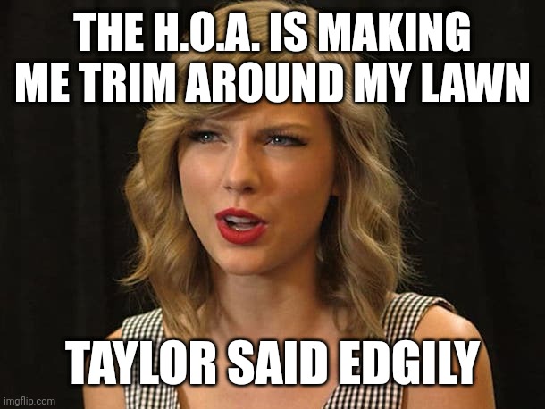 Taylor said edgily | THE H.O.A. IS MAKING ME TRIM AROUND MY LAWN; TAYLOR SAID EDGILY | image tagged in taylor swiftie | made w/ Imgflip meme maker