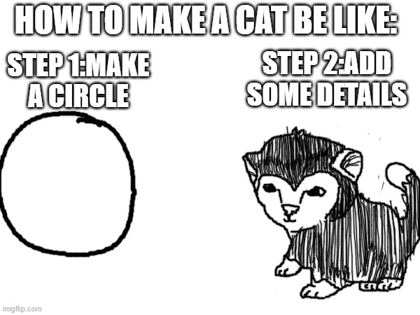 HOW TO MAKE A CAT BE LIKE:; STEP 1:MAKE A CIRCLE; STEP 2:ADD SOME DETAILS | image tagged in drawing,cat | made w/ Imgflip meme maker