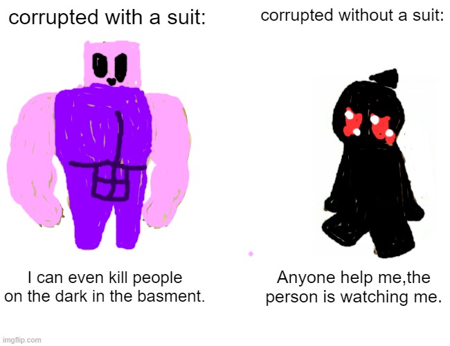corrupted be like: | corrupted with a suit:; corrupted without a suit:; I can even kill people on the dark in the basment. Anyone help me,the person is watching me. | image tagged in memes,buff doge vs cheems | made w/ Imgflip meme maker