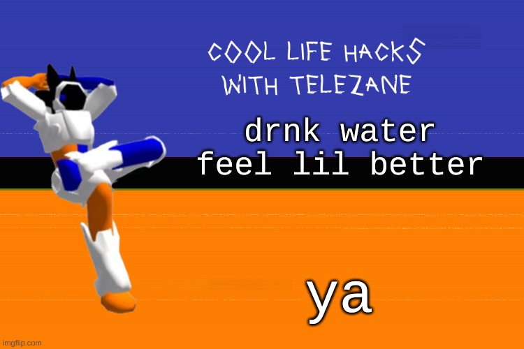 woohooooooooooooo | drnk water feel lil better; ya | image tagged in cool life hacks with telezane | made w/ Imgflip meme maker