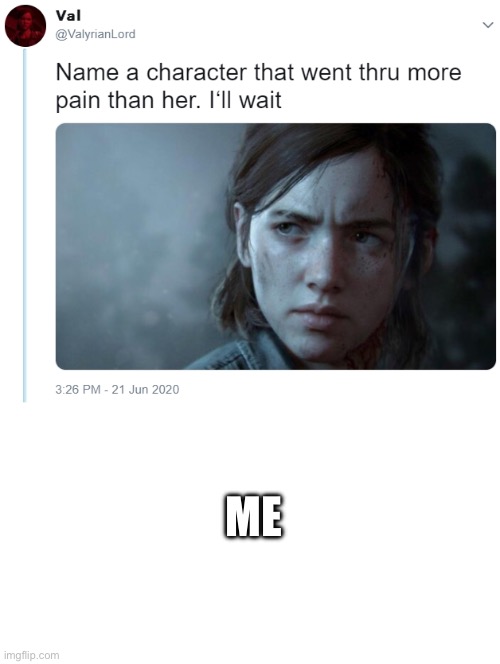 Name one character who went through more pain than her | ME | image tagged in name one character who went through more pain than her | made w/ Imgflip meme maker