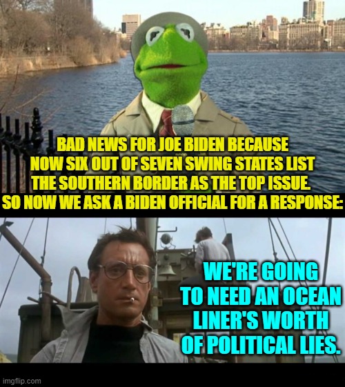 Of course the problem is that now even Dem Party voters are seeing through the leftist lies. | BAD NEWS FOR JOE BIDEN BECAUSE NOW SIX OUT OF SEVEN SWING STATES LIST THE SOUTHERN BORDER AS THE TOP ISSUE.  SO NOW WE ASK A BIDEN OFFICIAL FOR A RESPONSE:; WE'RE GOING TO NEED AN OCEAN LINER'S WORTH OF POLITICAL LIES. | image tagged in kermit news report | made w/ Imgflip meme maker