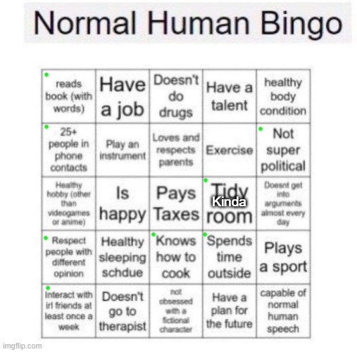 I just wanna say that I'm a Introvert- all of them [my friends] are- | Kinda | image tagged in normal human bingo | made w/ Imgflip meme maker