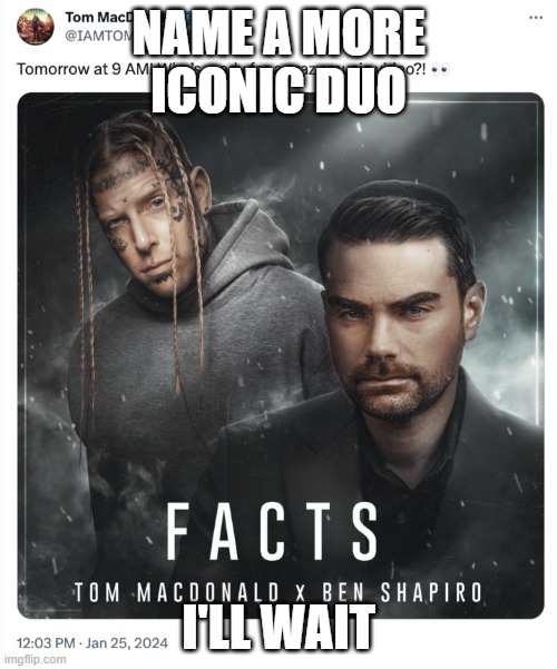 Please tell me nobody has made this already | NAME A MORE ICONIC DUO; I'LL WAIT | image tagged in facts | made w/ Imgflip meme maker