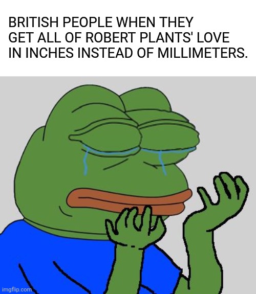 pepe cry | BRITISH PEOPLE WHEN THEY GET ALL OF ROBERT PLANTS' LOVE IN INCHES INSTEAD OF MILLIMETERS. | image tagged in pepe cry,british | made w/ Imgflip meme maker