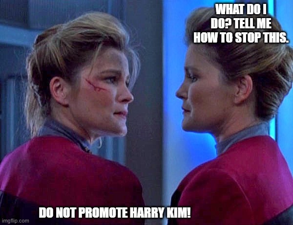 No win scenario | WHAT DO I DO? TELL ME HOW TO STOP THIS. DO NOT PROMOTE HARRY KIM! | image tagged in janeway star trek voyager | made w/ Imgflip meme maker