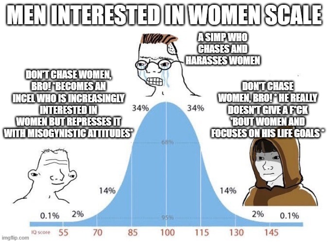 Bell Curve | MEN INTERESTED IN WOMEN SCALE; DON'T CHASE WOMEN, BRO! *BECOMES AN INCEL WHO IS INCREASINGLY INTERESTED IN WOMEN BUT REPRESSES IT WITH MISOGYNISTIC ATTITUDES*; A SIMP WHO CHASES AND HARASSES WOMEN; DON'T CHASE WOMEN, BRO! * HE REALLY DOESN'T GIVE A F*CK 'BOUT WOMEN AND FOCUSES ON HIS LIFE GOALS * | image tagged in bell curve,funny | made w/ Imgflip meme maker