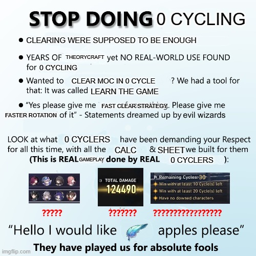 HSR 0 cycling | 0 CYCLING; CLEARING WERE SUPPOSED TO BE ENOUGH; THEORYCRAFT; 0 CYCLING; CLEAR MOC IN 0 CYCLE; LEARN THE GAME; FAST CLEAR STRATEGY. FASTER ROTATION; 0 CYCLERS; CALC; SHEET; GAMEPLAY; 0 CYCLERS | image tagged in stop doing x | made w/ Imgflip meme maker