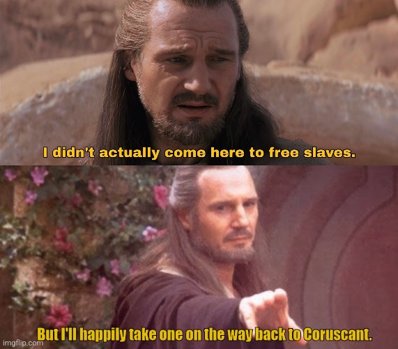 QuiGon Slave recruiter | But I'll happily take one on the way back to Coruscant. | image tagged in qui gon jinn,the phantom menace | made w/ Imgflip meme maker