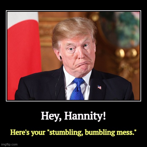 Hey, Hannity! | Hey, Hannity! | Here's your "stumbling, bumbling mess." | image tagged in funny,demotivationals,trump,senile,mess,hannity | made w/ Imgflip demotivational maker