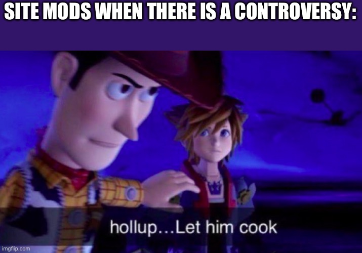 They eat popcorn when the drama starts i swear | SITE MODS WHEN THERE IS A CONTROVERSY: | image tagged in let him cook | made w/ Imgflip meme maker
