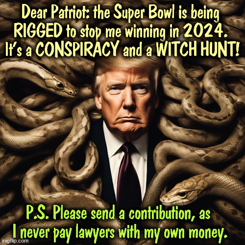 Dear Patriot: the Super Bowl is being 
RIGGED to stop me winning in 2024. 
It's a CONSPIRACY and a WITCH HUNT! P.S. Please send a contribution, as 

I never pay lawyers with my own money. | image tagged in superbowl,taylor swift,rigged,conspiracy,witch hunt,cliche | made w/ Imgflip meme maker