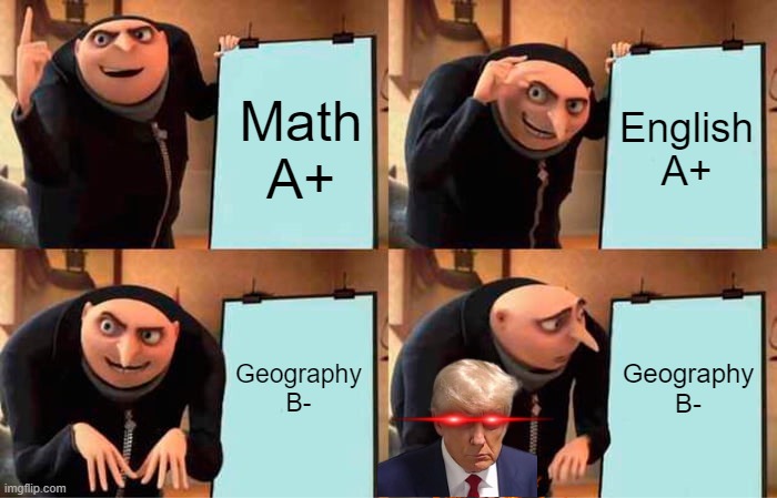 gru's dead | Math
A+; English
A+; Geography
B-; Geography
B- | image tagged in memes,gru's plan | made w/ Imgflip meme maker