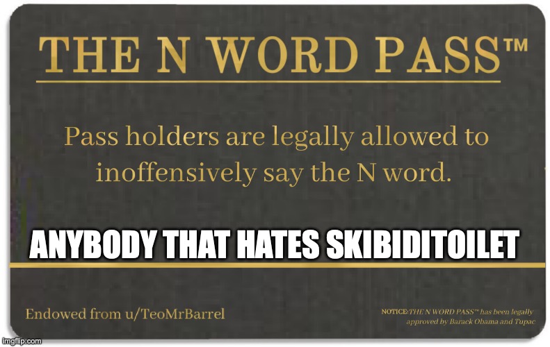 N word pass | ANYBODY THAT HATES SKIBIDITOILET | image tagged in n word pass | made w/ Imgflip meme maker