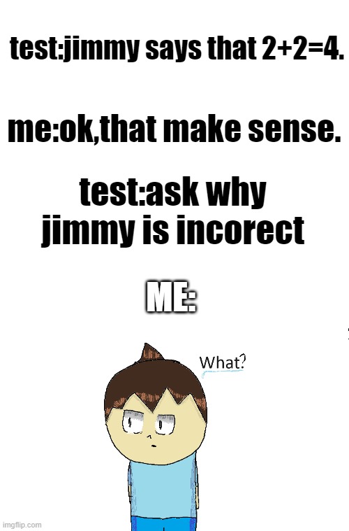 test be like | test:jimmy says that 2+2=4. me:ok,that make sense. test:ask why jimmy is incorect; ME: | made w/ Imgflip meme maker