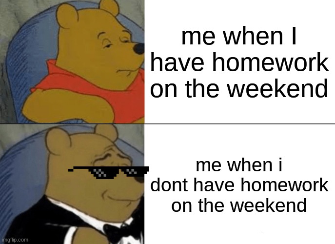 Tuxedo Winnie The Pooh | me when I have homework on the weekend; me when i dont have homework on the weekend | image tagged in memes,tuxedo winnie the pooh | made w/ Imgflip meme maker