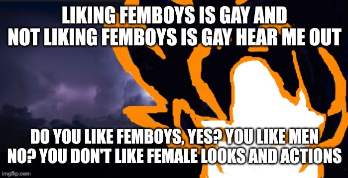 LowTeirGoob | LIKING FEMBOYS IS GAY AND NOT LIKING FEMBOYS IS GAY HEAR ME OUT; DO YOU LIKE FEMBOYS, YES? YOU LIKE MEN NO? YOU DON'T LIKE FEMALE LOOKS AND ACTIONS | image tagged in lowteirgoob | made w/ Imgflip meme maker