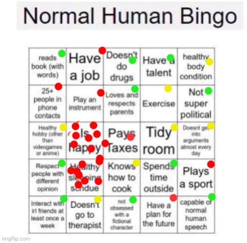 Green - Yes, Yellow - Ehhhhhh, Red - No | image tagged in normal human bingo | made w/ Imgflip meme maker
