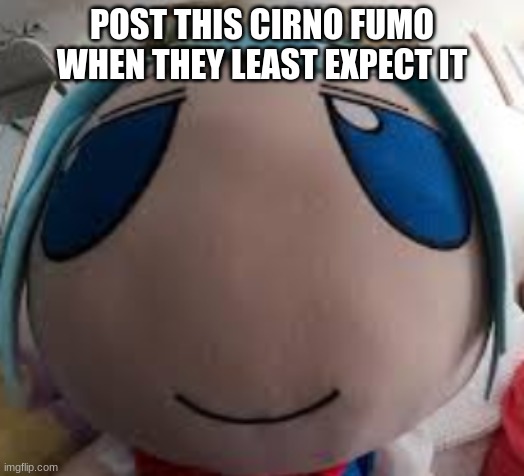 hmm | POST THIS CIRNO FUMO WHEN THEY LEAST EXPECT IT | image tagged in unfunny | made w/ Imgflip meme maker