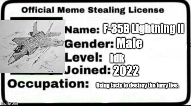 Meme Stealing License | F-35B Lightning II Male Idk 2022 Using facts to destroy the furry lies. | image tagged in meme stealing license | made w/ Imgflip meme maker