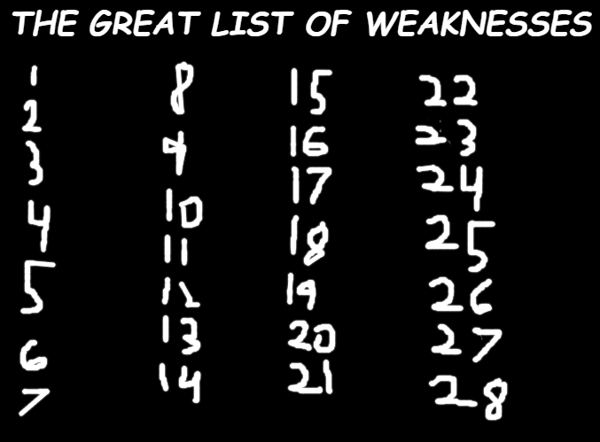 High Quality the great list of weaknesses by sbs Blank Meme Template