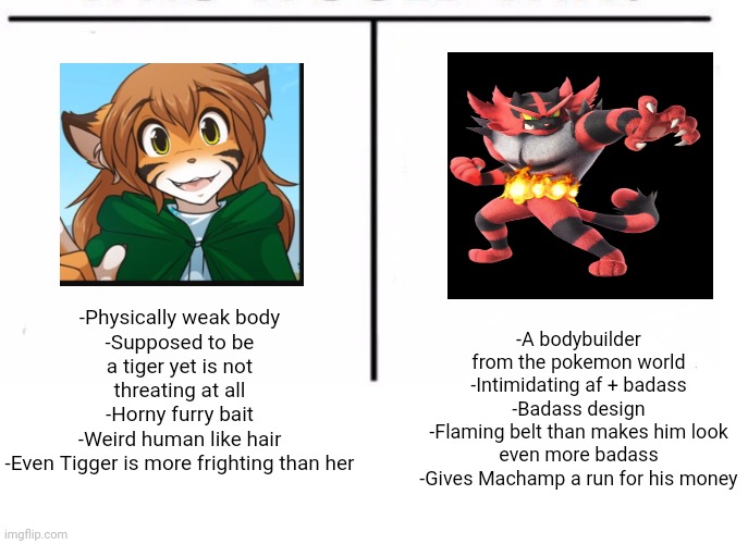 Virgin Flora vs Chad Incineroar | -Physically weak body
-Supposed to be a tiger yet is not threating at all
-Horny furry bait
-Weird human like hair
-Even Tigger is more frighting than her; -A bodybuilder from the pokemon world
-Intimidating af + badass
-Badass design
-Flaming belt than makes him look even more badass
-Gives Machamp a run for his money | image tagged in comparison table,furry memes,pokemon,furry | made w/ Imgflip meme maker