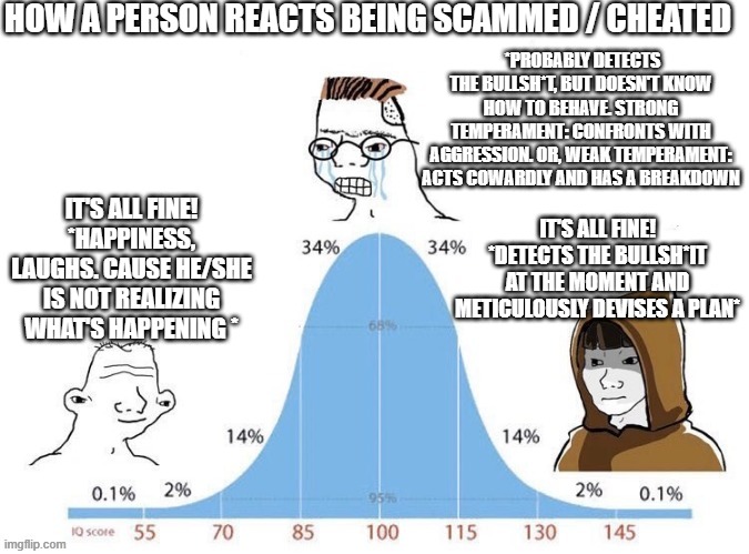 Bell Curve | HOW A PERSON REACTS BEING SCAMMED / CHEATED; *PROBABLY DETECTS THE BULLSH*T, BUT DOESN'T KNOW HOW TO BEHAVE. STRONG TEMPERAMENT: CONFRONTS WITH AGGRESSION. OR, WEAK TEMPERAMENT: ACTS COWARDLY AND HAS A BREAKDOWN; IT'S ALL FINE! *HAPPINESS, LAUGHS. CAUSE HE/SHE IS NOT REALIZING WHAT'S HAPPENING *; IT'S ALL FINE! *DETECTS THE BULLSH*IT AT THE MOMENT AND METICULOUSLY DEVISES A PLAN* | image tagged in bell curve | made w/ Imgflip meme maker