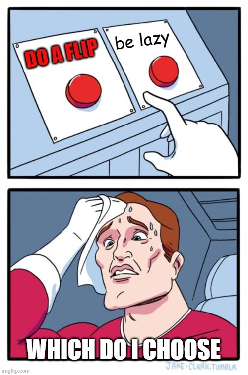 Two Buttons Meme | be lazy; DO A FLIP; WHICH DO I CHOOSE | image tagged in memes,two buttons | made w/ Imgflip meme maker