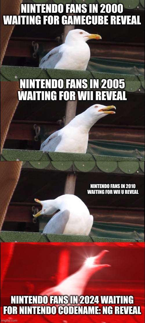 You guys, were patient before, why not now? | NINTENDO FANS IN 2000 WAITING FOR GAMECUBE REVEAL; NINTENDO FANS IN 2005 WAITING FOR WII REVEAL; NINTENDO FANS IN 2010 WAITING FOR WII U REVEAL; NINTENDO FANS IN 2024 WAITING FOR NINTENDO CODENAME: NG REVEAL | image tagged in memes,waiting,nintendo,nintendo switch,nintendo gamecube,consoles | made w/ Imgflip meme maker