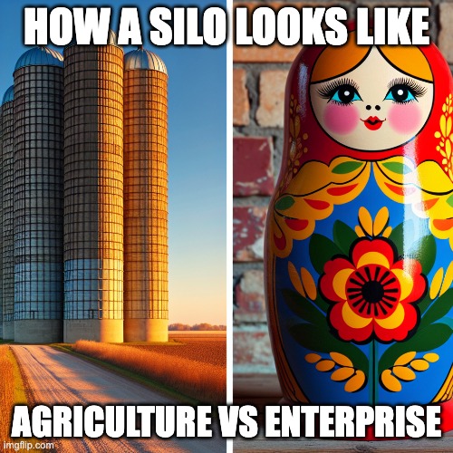 Silos | HOW A SILO LOOKS LIKE; AGRICULTURE VS ENTERPRISE | image tagged in enterprise,agile,business | made w/ Imgflip meme maker