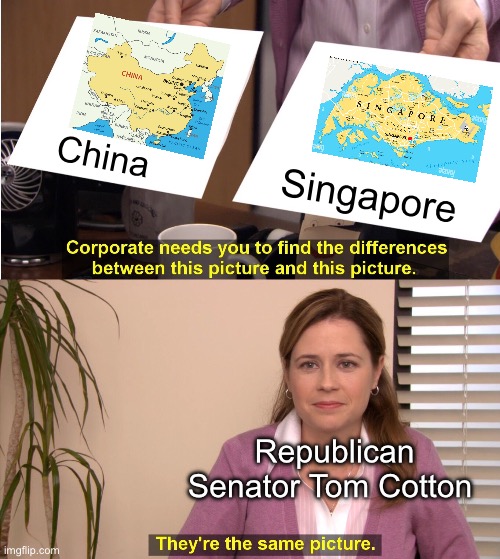 Racism, or no understanding of geography. Take your pick. | Singapore; China; Republican Senator Tom Cotton | image tagged in memes,they're the same picture,tiktok,china,racism,censorship | made w/ Imgflip meme maker